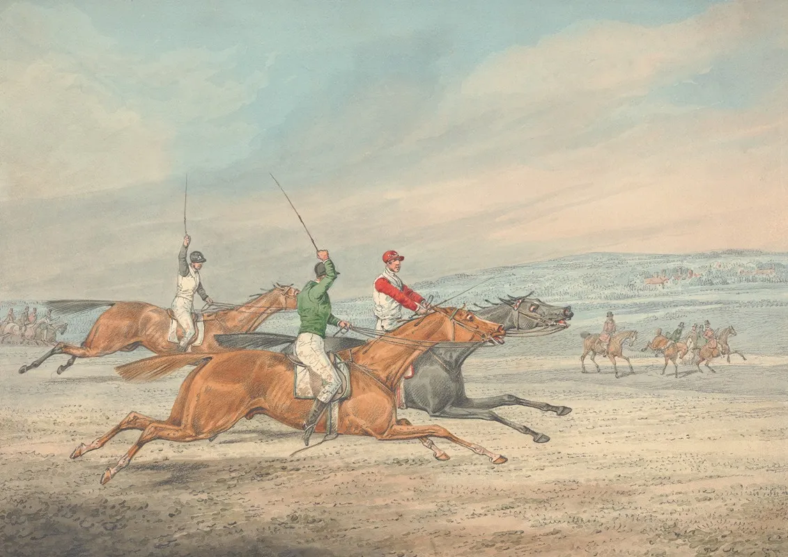 Steeplechasing Three Riders Galloping To Right Mounted Spectators In Background