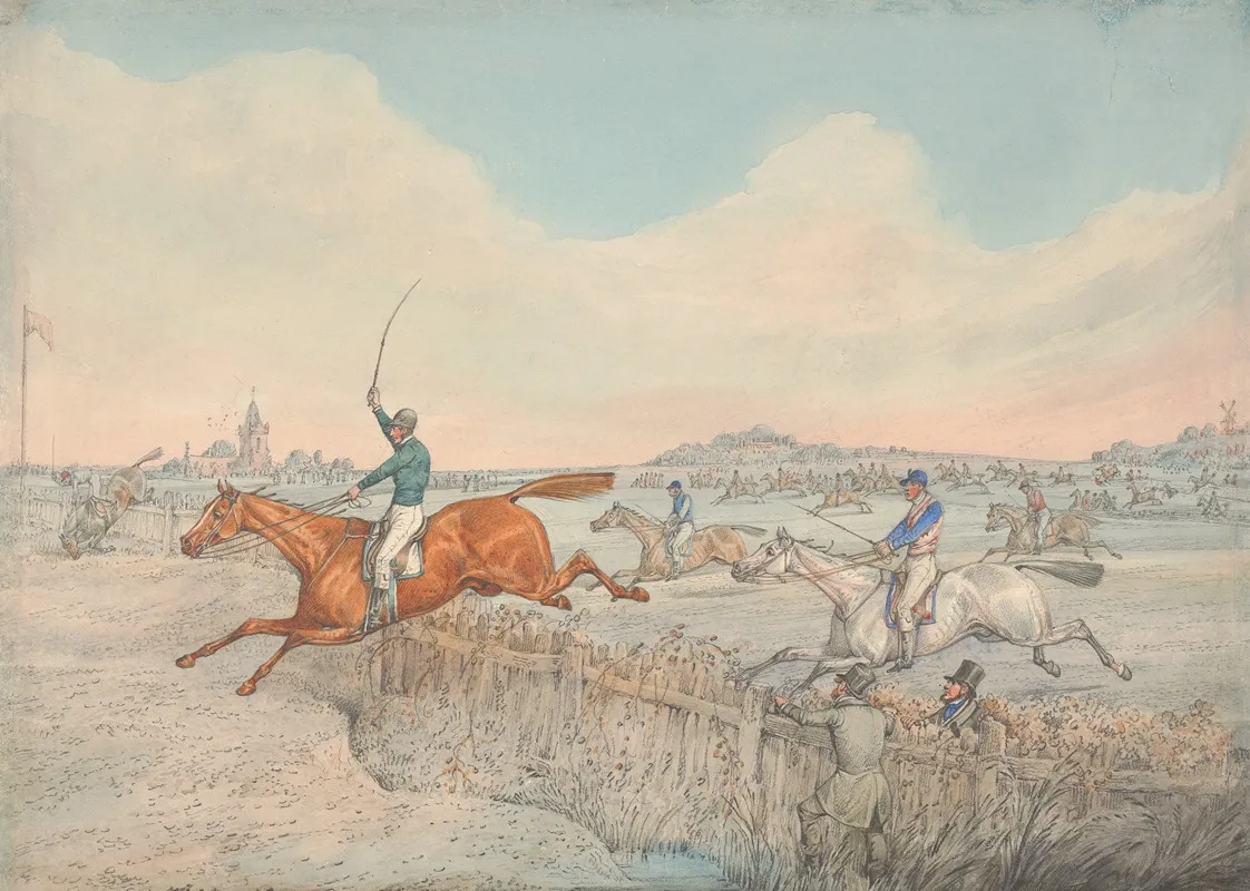 Steeplechasing Two Riders Taking A Wooden Fence