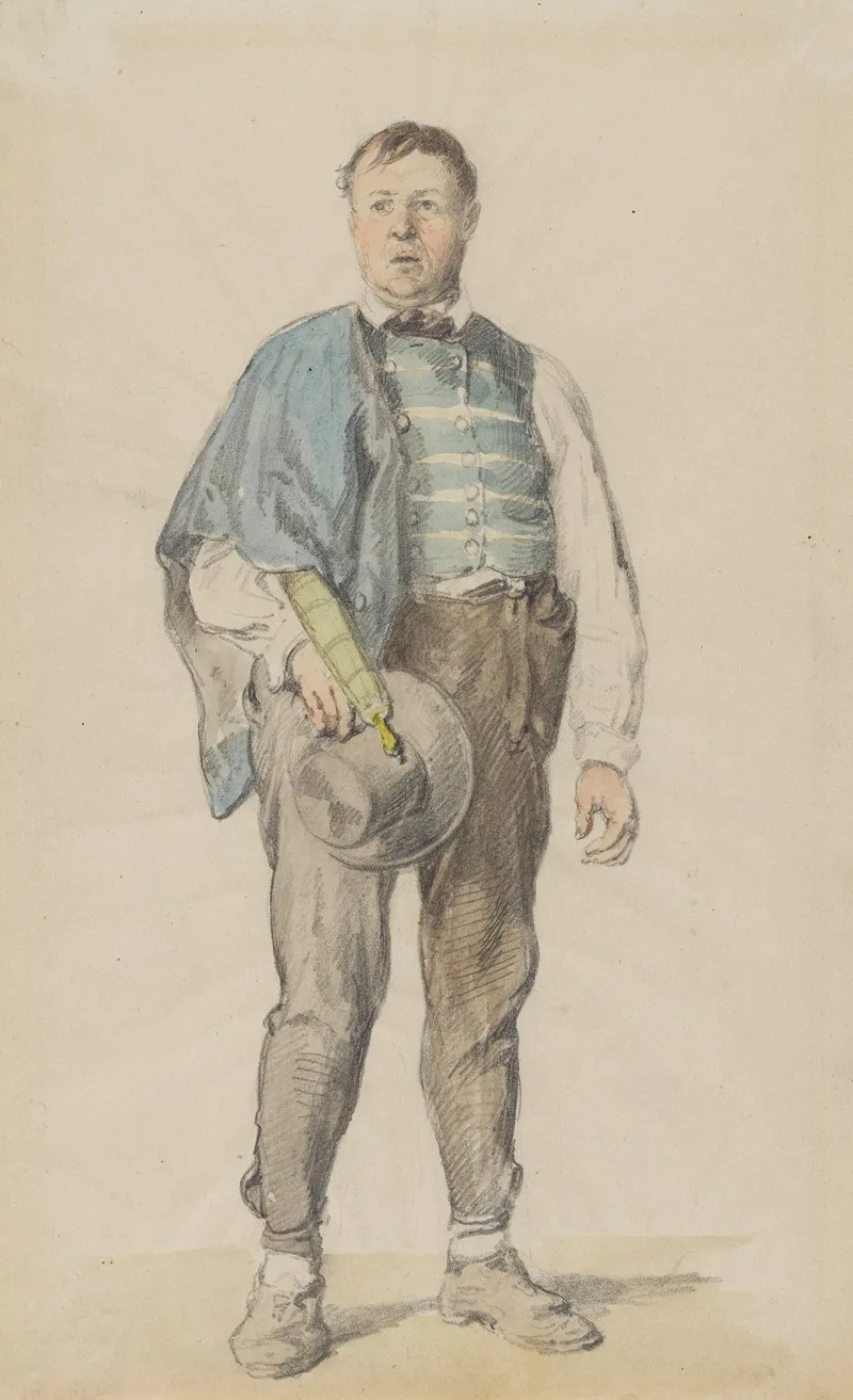 Stehender Bauer In Kinzigtaler Tracht Mit Hut Und Regenschirm Unter Dem Linken Arm