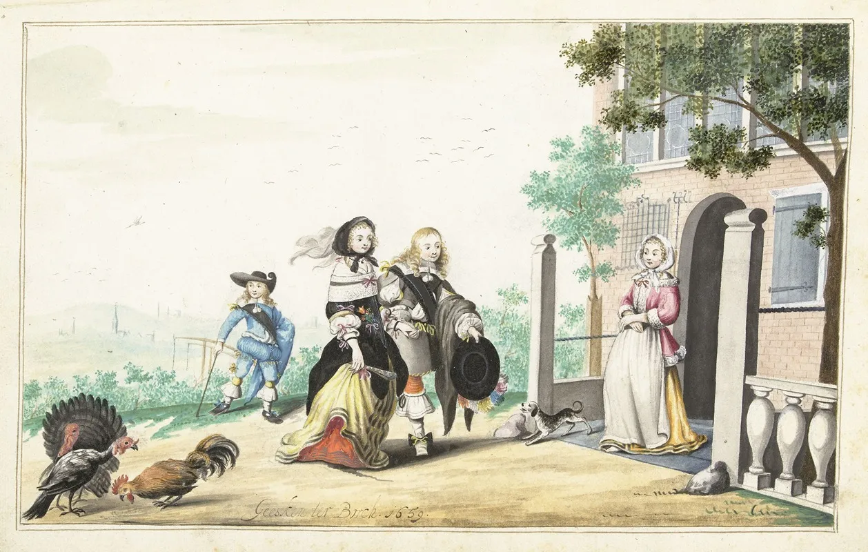 Stel Begroet Een Dame Bij De Deur Van Een Landhuis Wall Art by Gesina ter Borch - High-Resolution Digital Print
