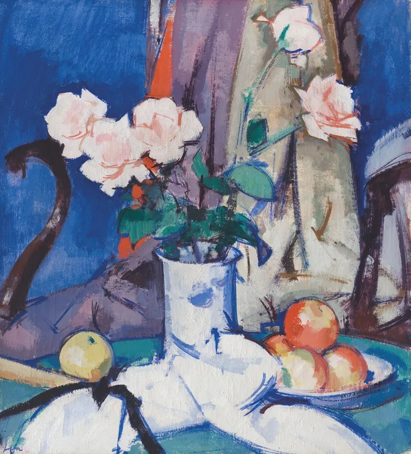 Still Life Apples And Pink Roses Wall Art by Samuel John Peploe - High-Resolution Digital Print