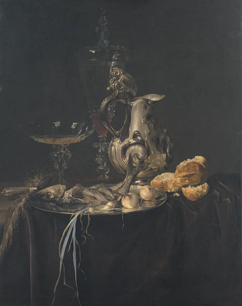 Still Life Breakfast Piece With A Silver Jug Wall Art by Willem van Aelst - High-Resolution Digital Print