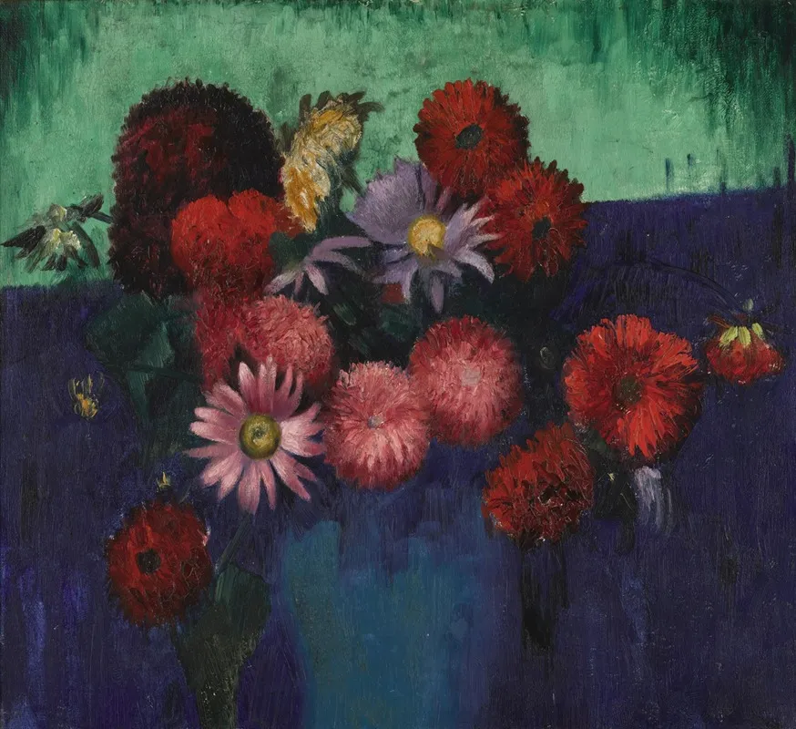 Still Life Dahlias And Daisies In A Blue Vase