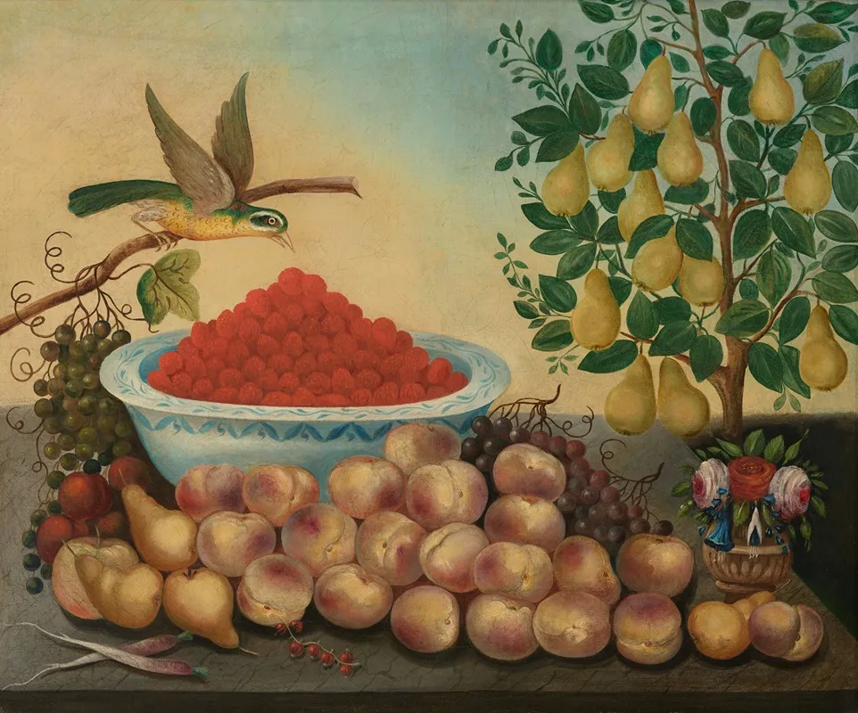 Still Life Fruit Bird And Dwarf Pear Tree Wall Art by Charles V. Bond - High-Resolution Digital Print
