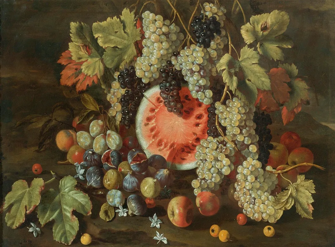Still Life In A Landscape With Grapes Watermelons Figs And Apples Wall Art by Giovanni Battista Ruoppolo - High-Resolution Digital Print
