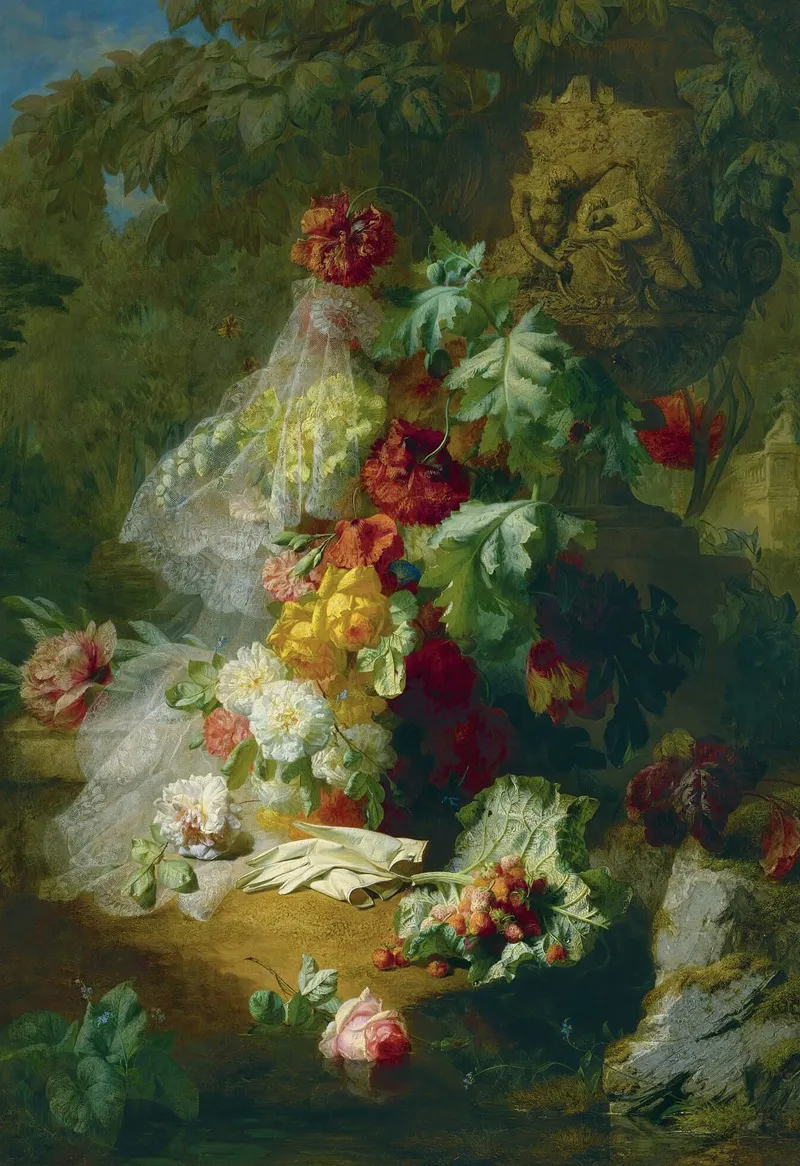 Still Life In A Park With An Urn Of Venus And Adonis Wall Art by Jean-Baptiste Robie - High-Resolution Digital Print