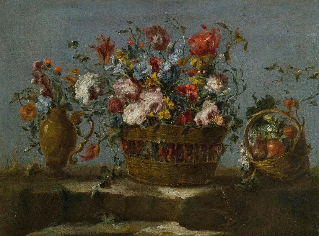 Still Life Of A Basket Of Flowers On A Rock Ledge Wall Art by The Pseudo-Guardi - High-Resolution Digital Print