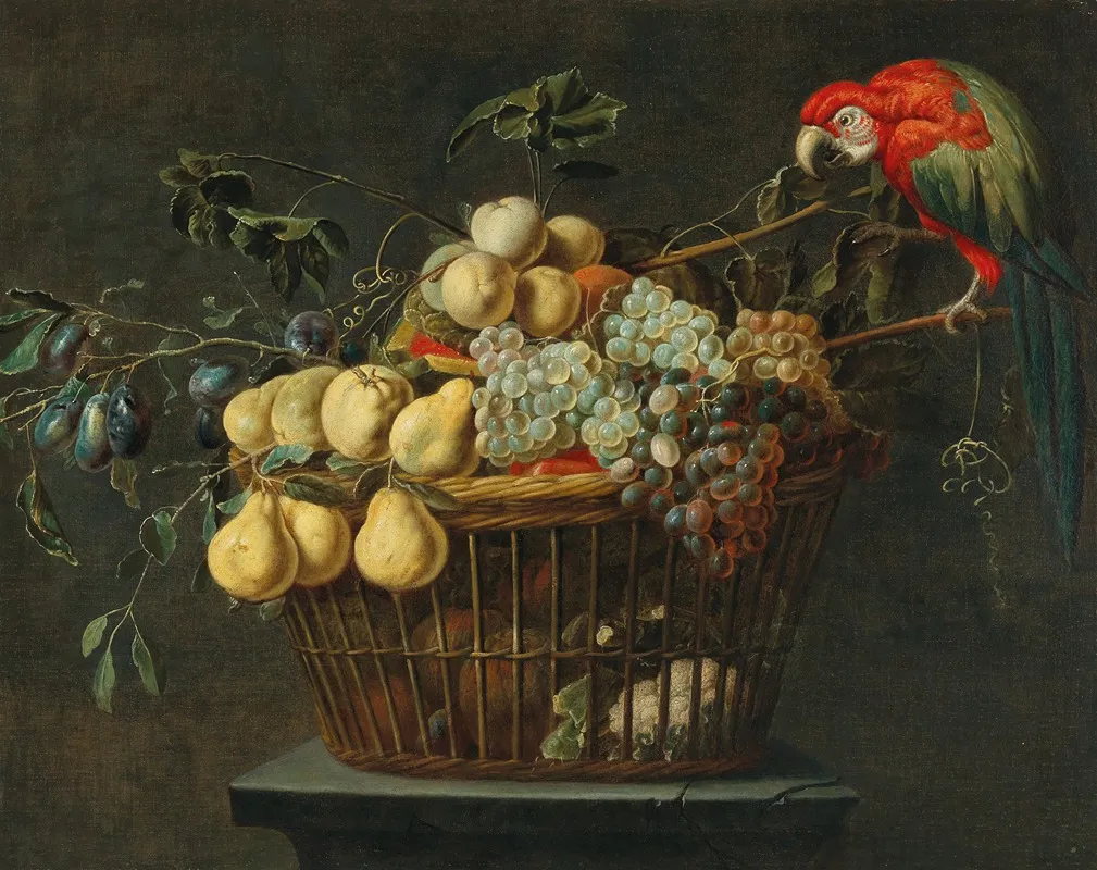 Still Life Of A Basket Of Fruit With A Parrot Wall Art by Adriaen van Utrecht - High-Resolution Digital Print