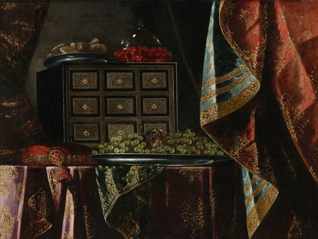 Still Life Of A Chest Fruit And Other Objects On A Brocade Draped Table Wall Art by Carlo Manieri - High-Resolution Digital Print