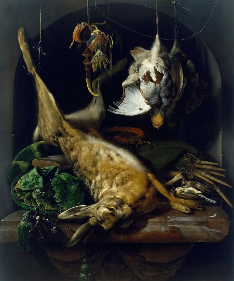 Still Life Of A Dead Hare Partridges And Other Birds In A Niche Wall Art by Jan Weenix - High-Resolution Digital Print
