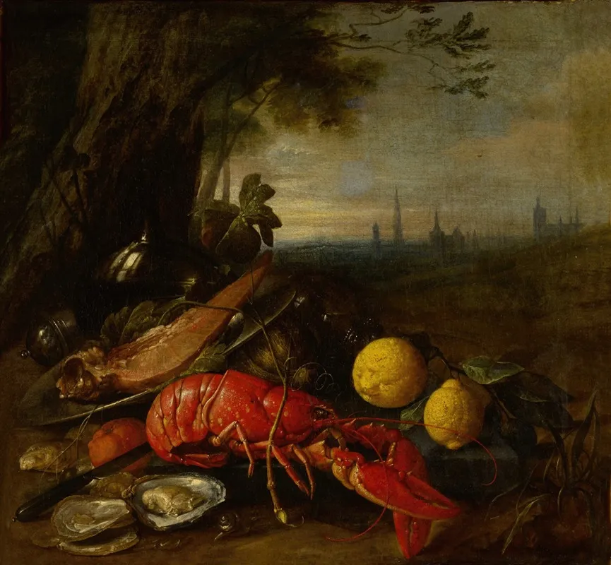 Still Life Of A Lobster Oysters And Lemons Beneath A Tree With A View Of Brussels Beyond Wall Art by Cornelis de Heem - High-Resolution Digital Print
