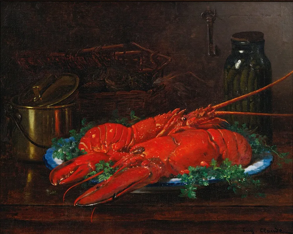Still Life Of A Lobster With A Copper Pot On A Ledge Wall Art by Eugène Claude - High-Resolution Digital Print