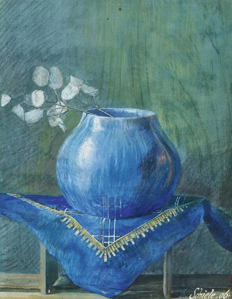 Still Life Of A Moneyplant Branch In Blue Vase Wall Art by Egon Schiele - High-Resolution Digital Print
