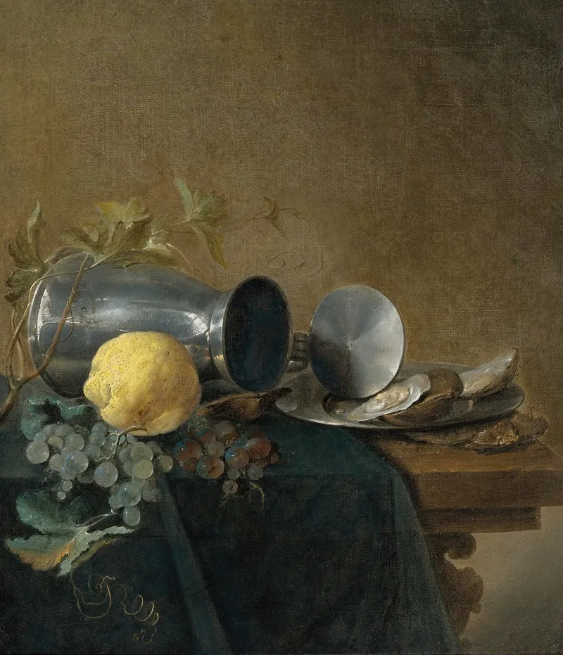 Still Life Of A Pewter Tankard Lemon Oysters And Grapes Wall Art by Jan Davidsz de Heem - High-Resolution Digital Print