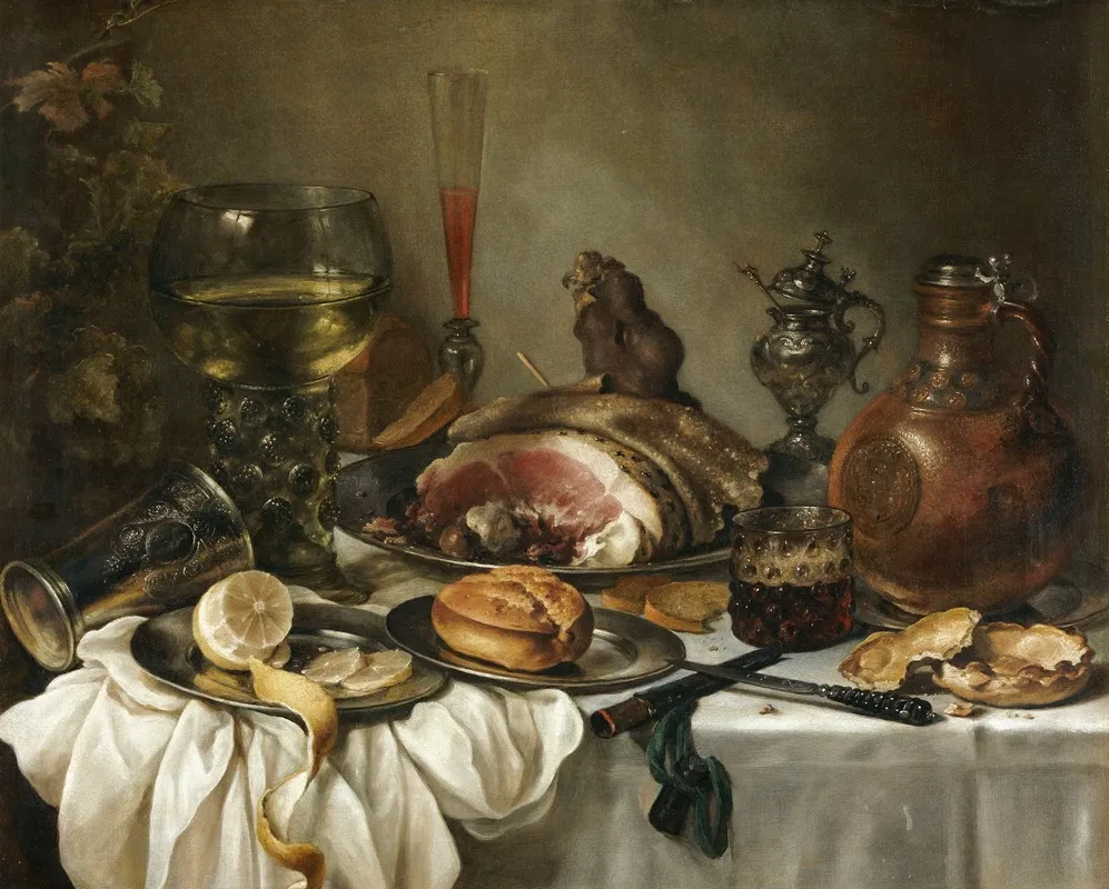 Still Life Of A Roemer An Earthenware Jug An Overturned Silver Beaker A Ham And Other Objects Arranged Upon A Draped Table Top Wall Art by Pieter Claesz - High-Resolution Digital Print