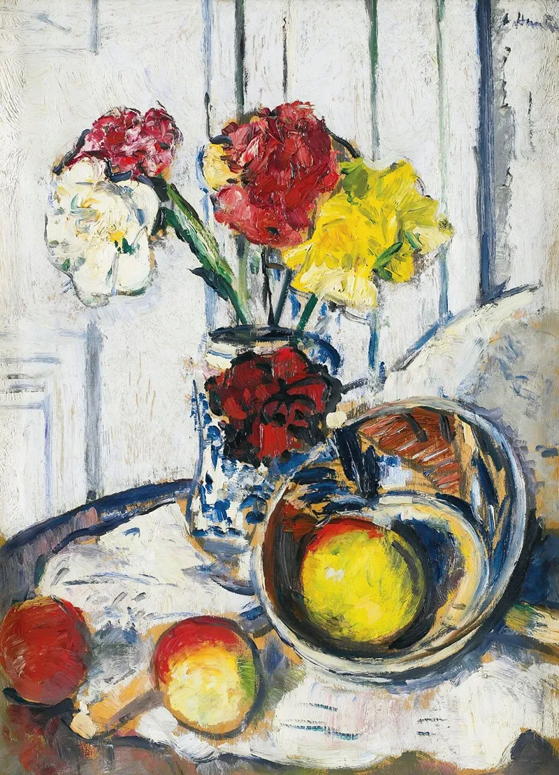 Still Life Of Apples And Flowers In A Blue Vase Wall Art by George Leslie Hunter - High-Resolution Digital Print