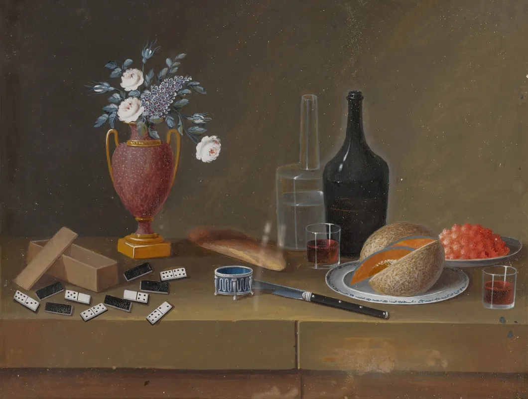 Still Life Of Dominos A Vase Of Flowers Bottles Fruit And Other Objects Wall Art by Johann Rudolff Feyerabend - High-Resolution Digital Print