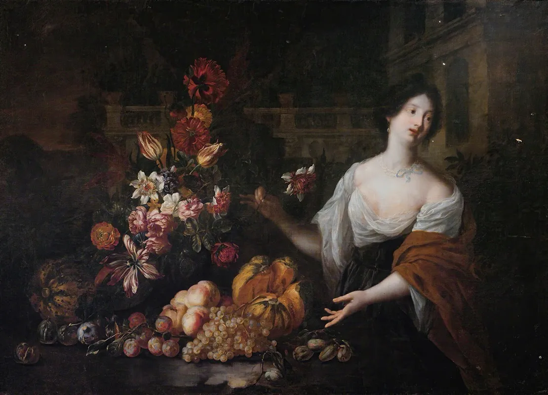 Still Life Of Flower In A Park With A Woman Wall Art by Jan Peter Van Bredael the Elder - High-Resolution Digital Print