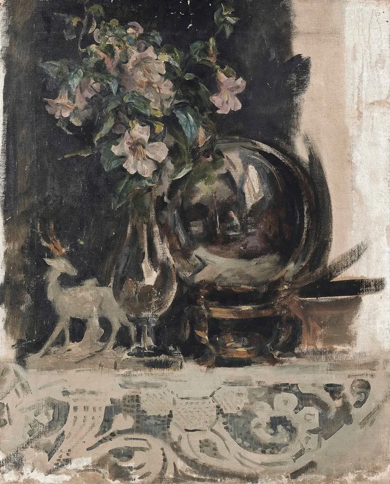 Still Life Of Flowers A Statue And A Globe On A Mantelpiece 2 Wall Art by James Jebusa Shannon - High-Resolution Digital Print