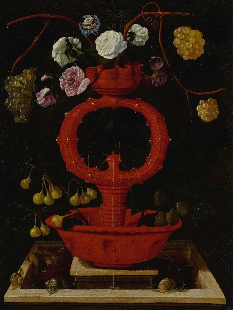 Still Life Of Flowers And Grapes In An Elaborate Ceramic Vase With Snails Along The Bottom Ledge Wall Art by Juan de Espinosa - High-Resolution Digital Print