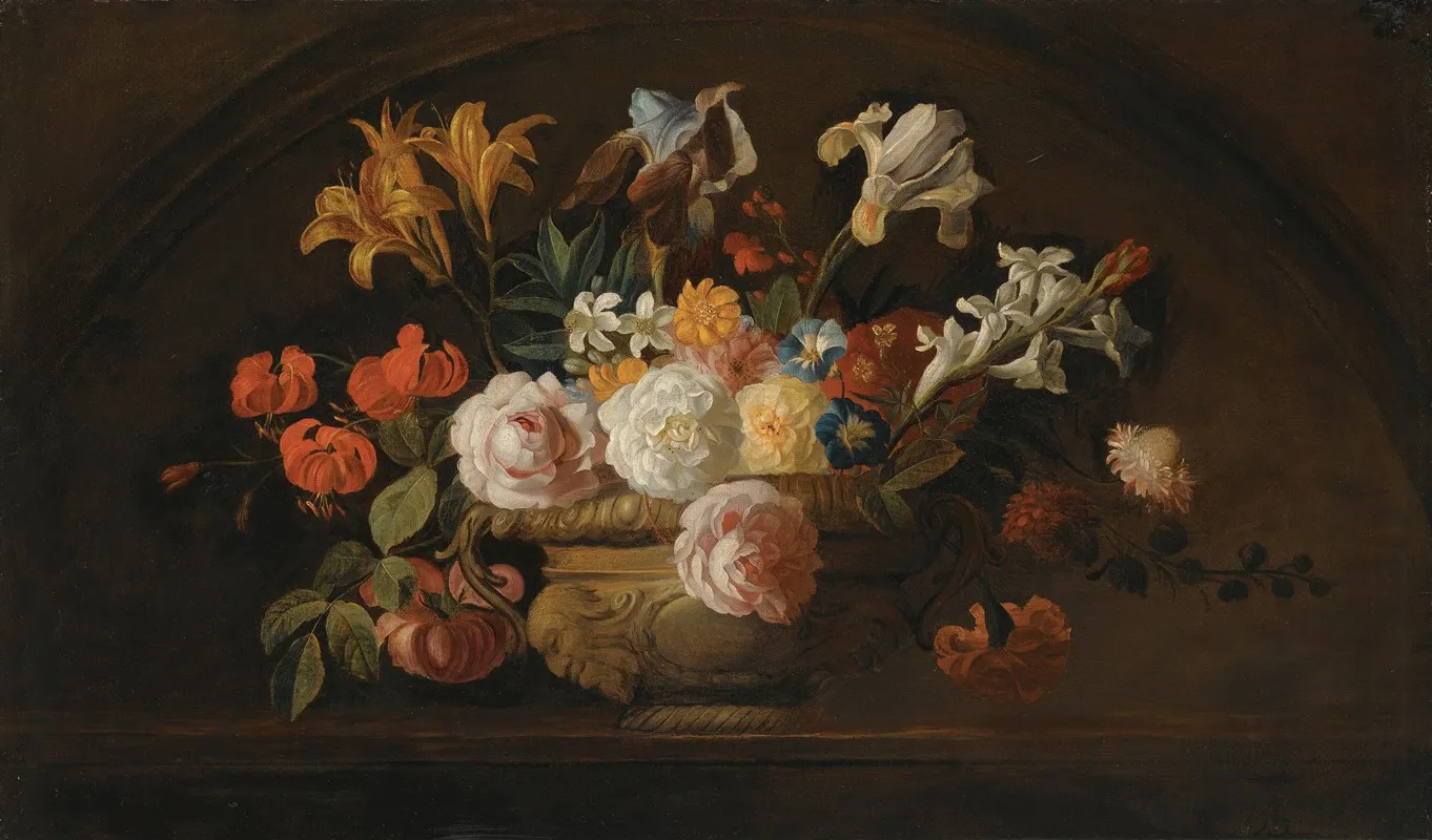 Still Life Of Flowers In A Vase On A Marble Shelf Wall Art by Jakob Bogdány - High-Resolution Digital Print