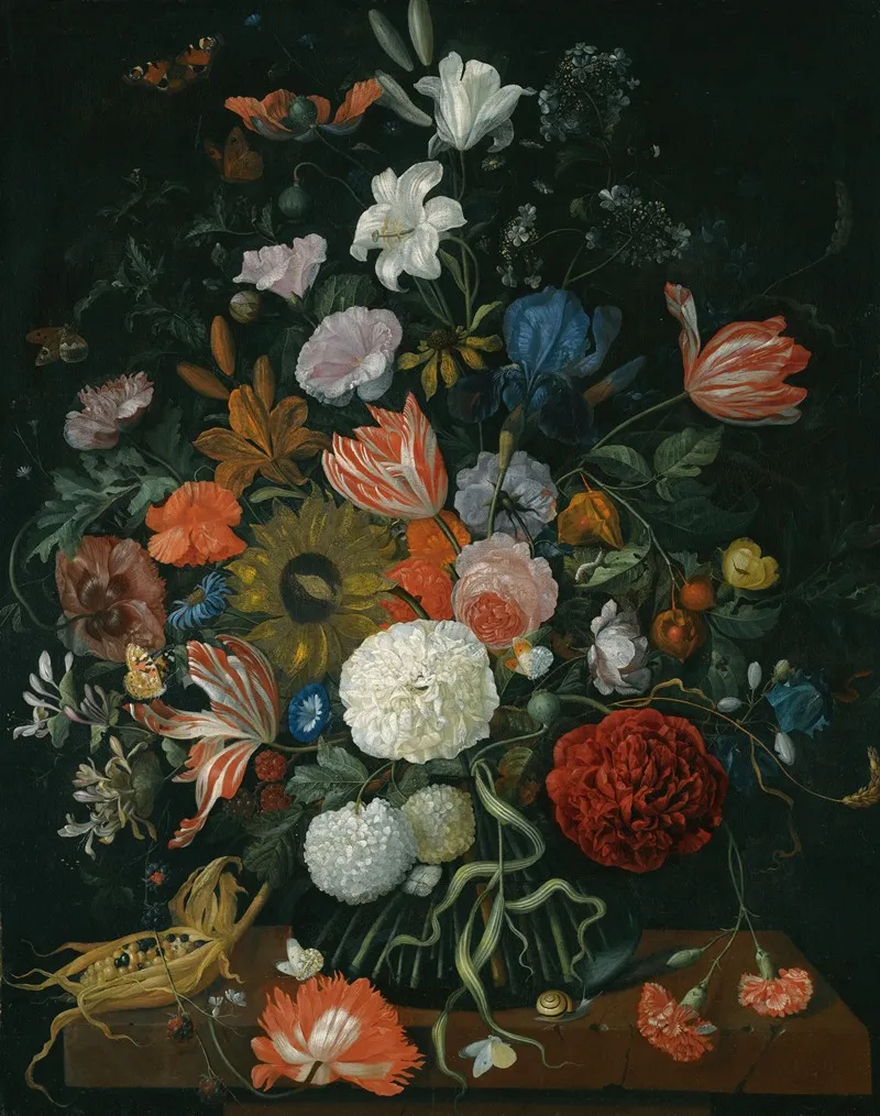 Still Life Of Flowers In A Vase On A Stone Ledge With A Corn Cob And A Snail Wall Art by Jacob Rootius - High-Resolution Digital Print