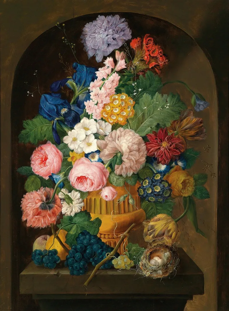 Still Life Of Flowers With A Birds Nest Wall Art by Johann Baptist Drechsler - High-Resolution Digital Print
