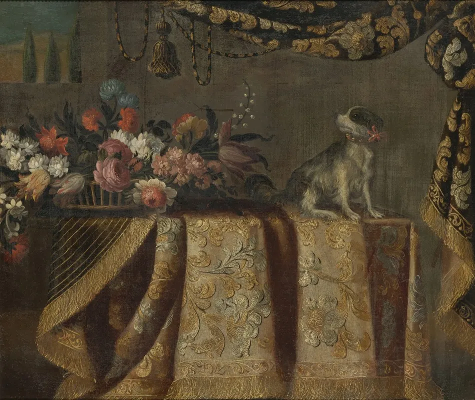 Still Life Of Flowers With A Toy Spaniel All On A Draped Table Wall Art by Francesco Noletti - High-Resolution Digital Print