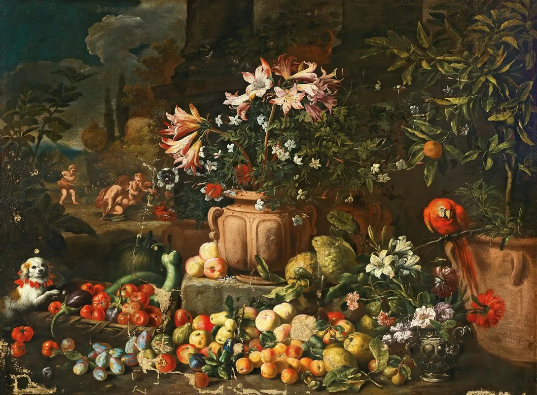 Still Life Of Flowers With Fruits Putti And Animals Wall Art by Abraham Brueghel - High-Resolution Digital Print