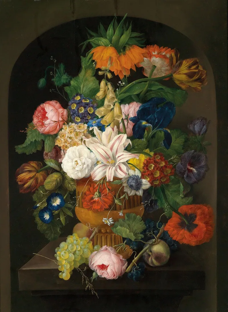 Still Life Of Flowers With Grapes Wall Art by Johann Baptist Drechsler - High-Resolution Digital Print