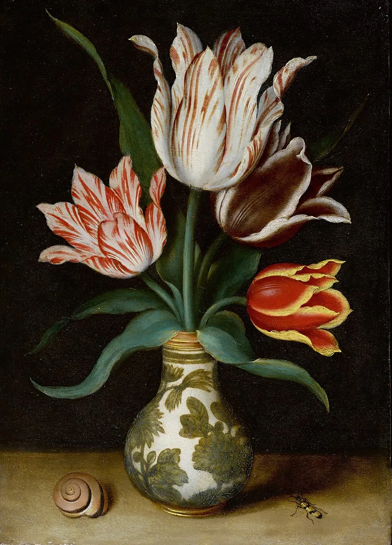 Still Life Of Four Tulips In A Wan Li Porcelain Vase Wall Art by Ambrosius Bosschaert the Elder - High-Resolution Digital Print