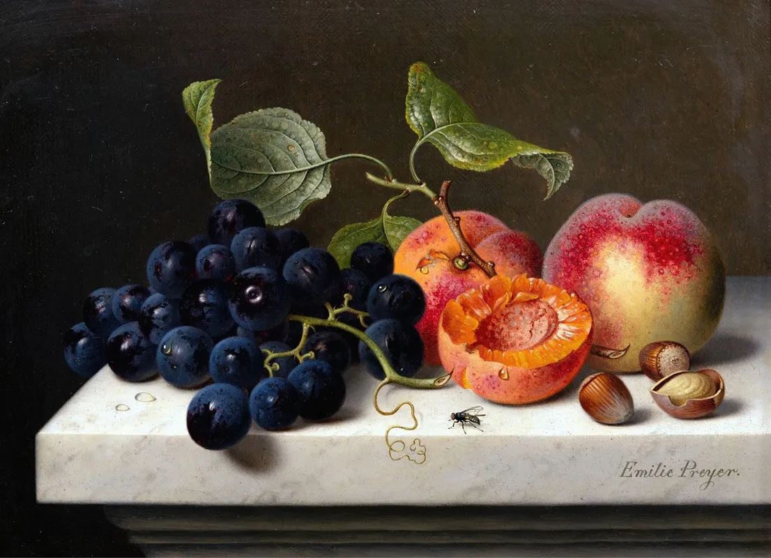Still Life Of Fruits With Grapes Peaches And Nuts On A Marble Pedestal Wall Art by Emilie Preyer - High-Resolution Digital Print