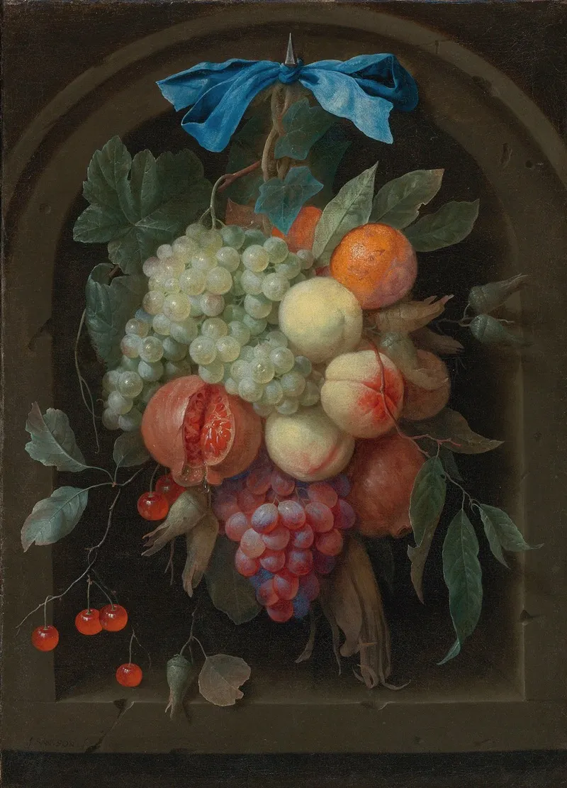 Still Life Of Grapes Peaches A Pomegranate And Other Fruit Hanging From A Nail Before A Stone Niche Wall Art by Joris van Son - High-Resolution Digital Print
