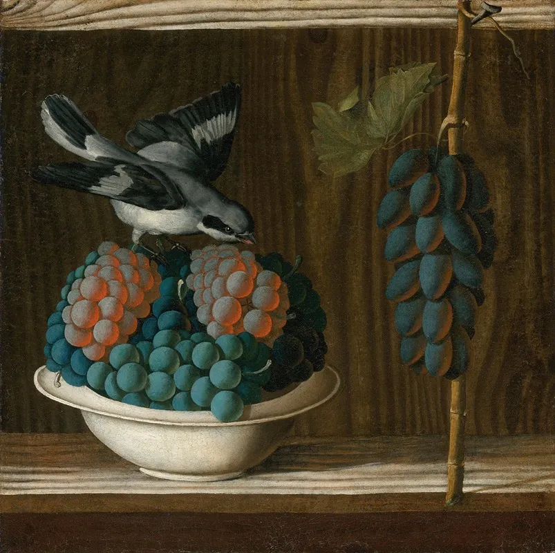 Still Life Of Grapes With A Gray Shrike Wall Art by Antonio Leonelli - High-Resolution Digital Print