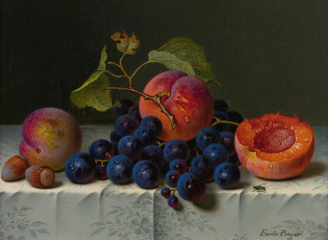 Still Life Of Peaches Grapes And Nuts On A Table Wall Art by Emilie Preyer - High-Resolution Digital Print