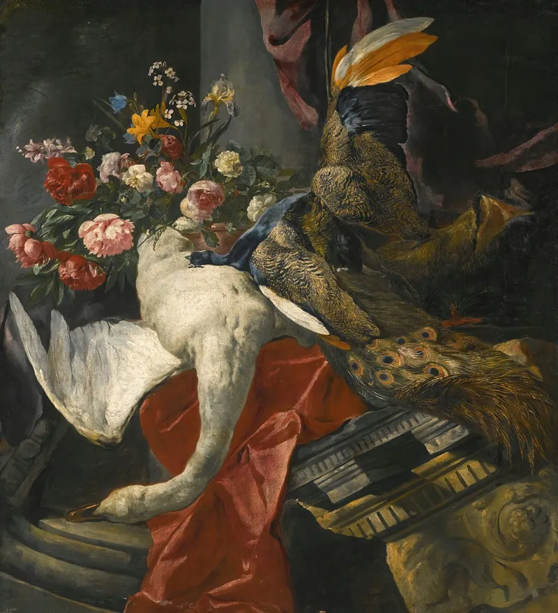 Still Life Of Peonies Roses And Other Flowers In A Terracotta Vase Together With A Swan Peacock And Boars Head Resting On A Red Drape And An Antique Architectural Fragment