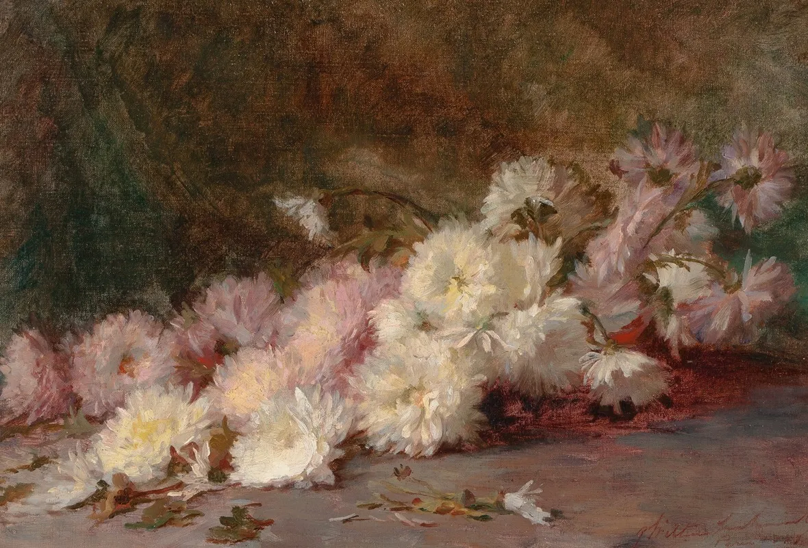 Still Life Of Pink And White Chrysanthemums Wall Art by Robert Wilton Lockwood - High-Resolution Digital Print