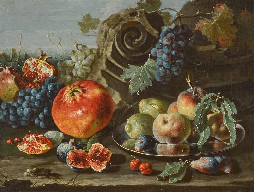 Still Life Of Pomegranates Grapes Figs Plums And Peaches On A Silver Plate Wall Art by Pietro Navarra - High-Resolution Digital Print