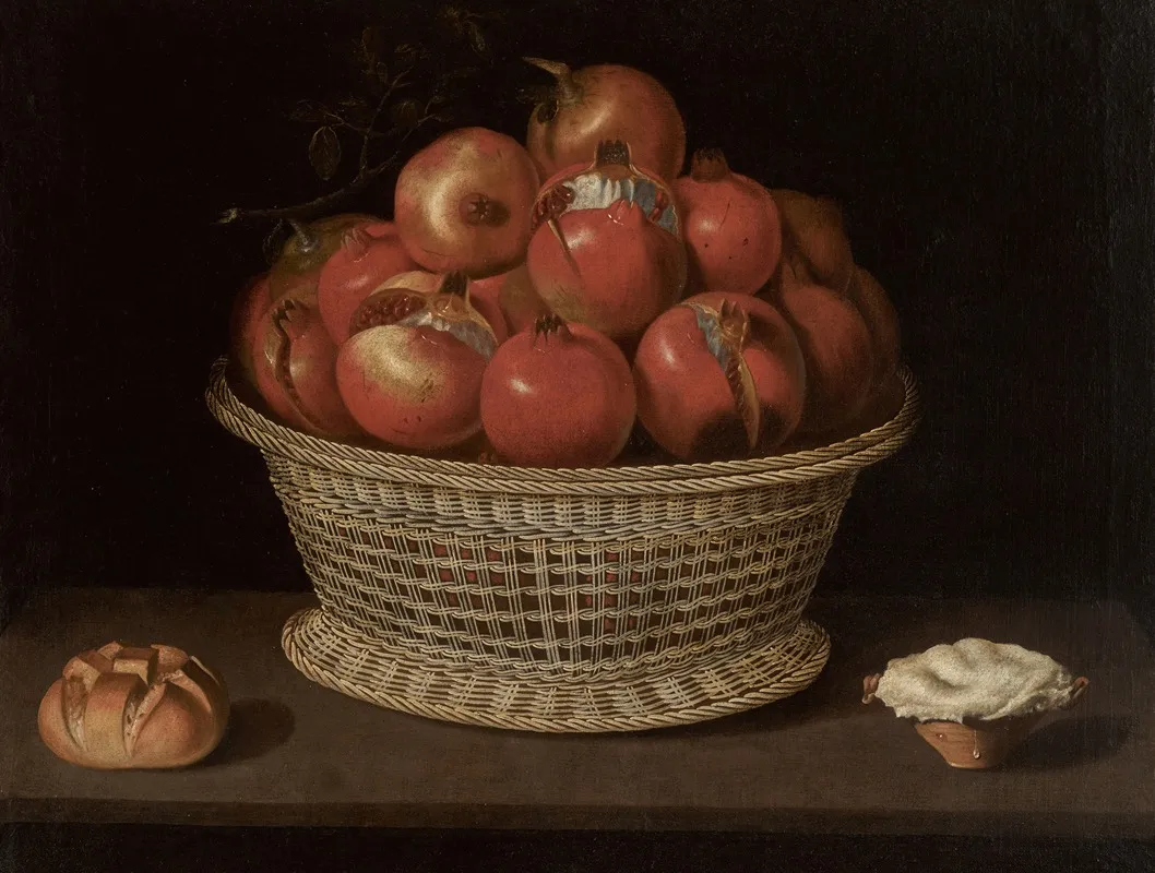 Still Life Of Pomegranates In A Basket A Bread Roll And A Pastry On A Ledge Wall Art by Tomás Hiepes - High-Resolution Digital Print