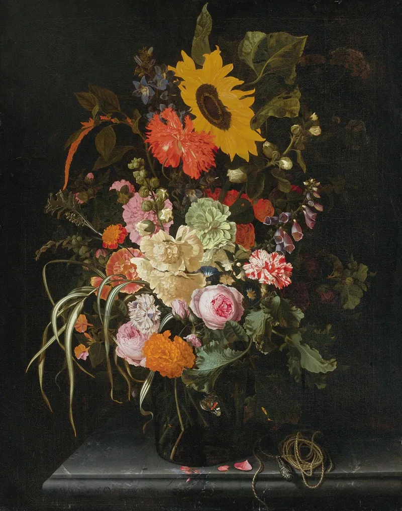 Still Life Of Roses Carnations Marigolds And Other Flowers With A Sunflower And Striped Grass Wall Art by Maria van Oosterwijck - High-Resolution Digital Print