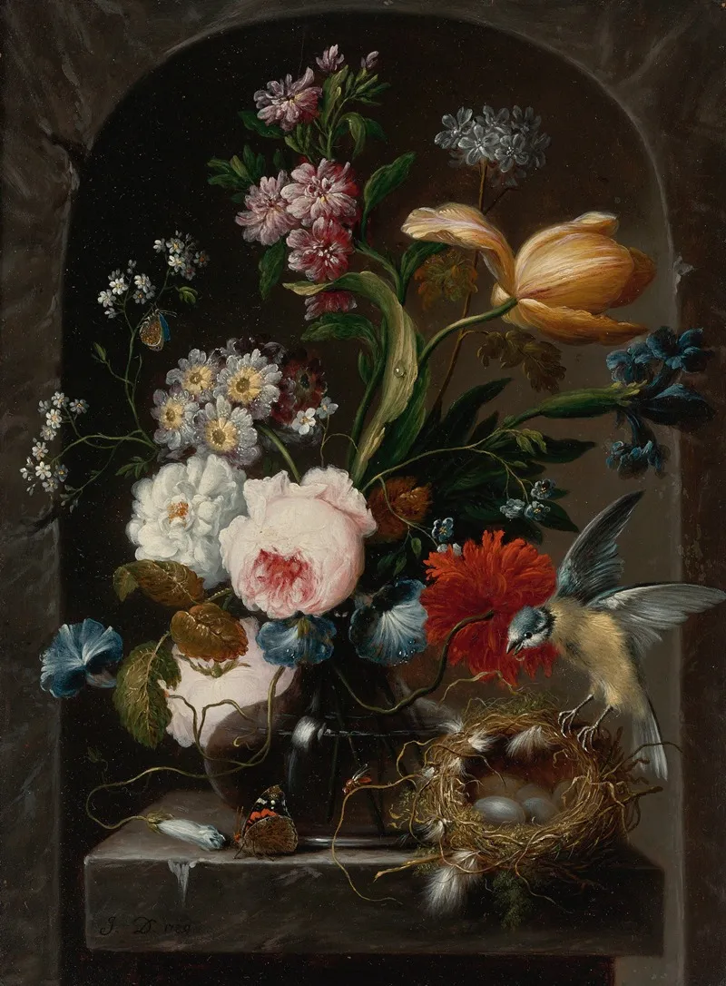 Still Life Of Roses Morning Glories Primroses A Tulip And Other Flowers In A Glass Vase With A Bird And Birds Nest Wall Art by Johann Baptist Drechsler - High-Resolution Digital Print