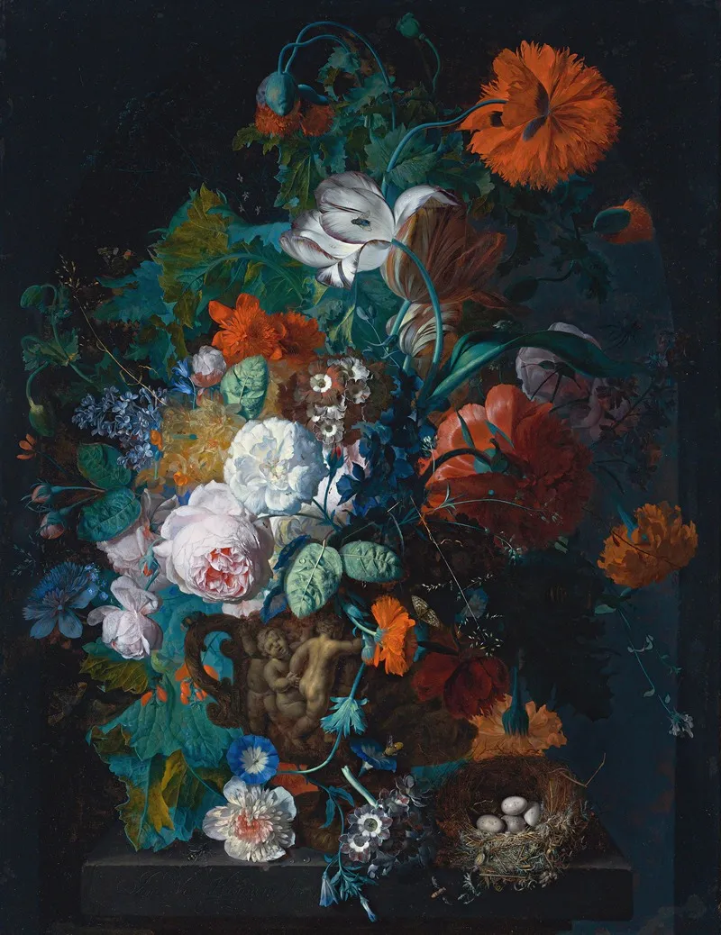 Still Life Of Roses Tulips Peonies And Other Flowers In A Sculpted Stone Vase Together With A Birds Nest On A Stone Pedestal Before A Niche