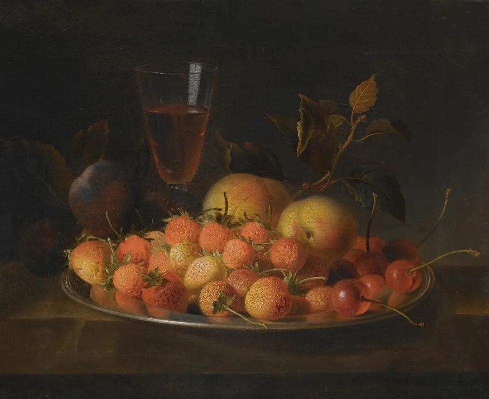 Still Life Of Strawberries Cherries And Peaches On A Silver Dish Wall Art by Jakob Bogdány - High-Resolution Digital Print