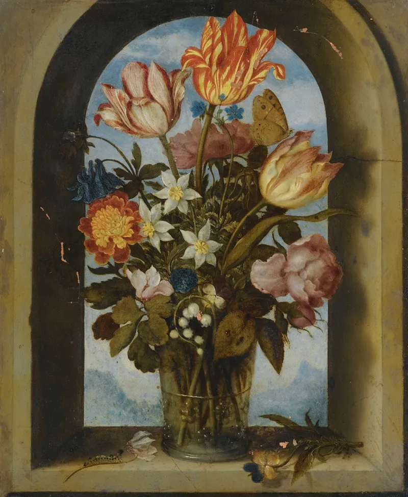 Still Life Of Tulips Moss Roses Lily Of The Valley And Other Flowers In A Glass Beaker Set In An Arched Stone Window Opening Wall Art by Ambrosius Bosschaert the Elder - High-Resolution Digital Print