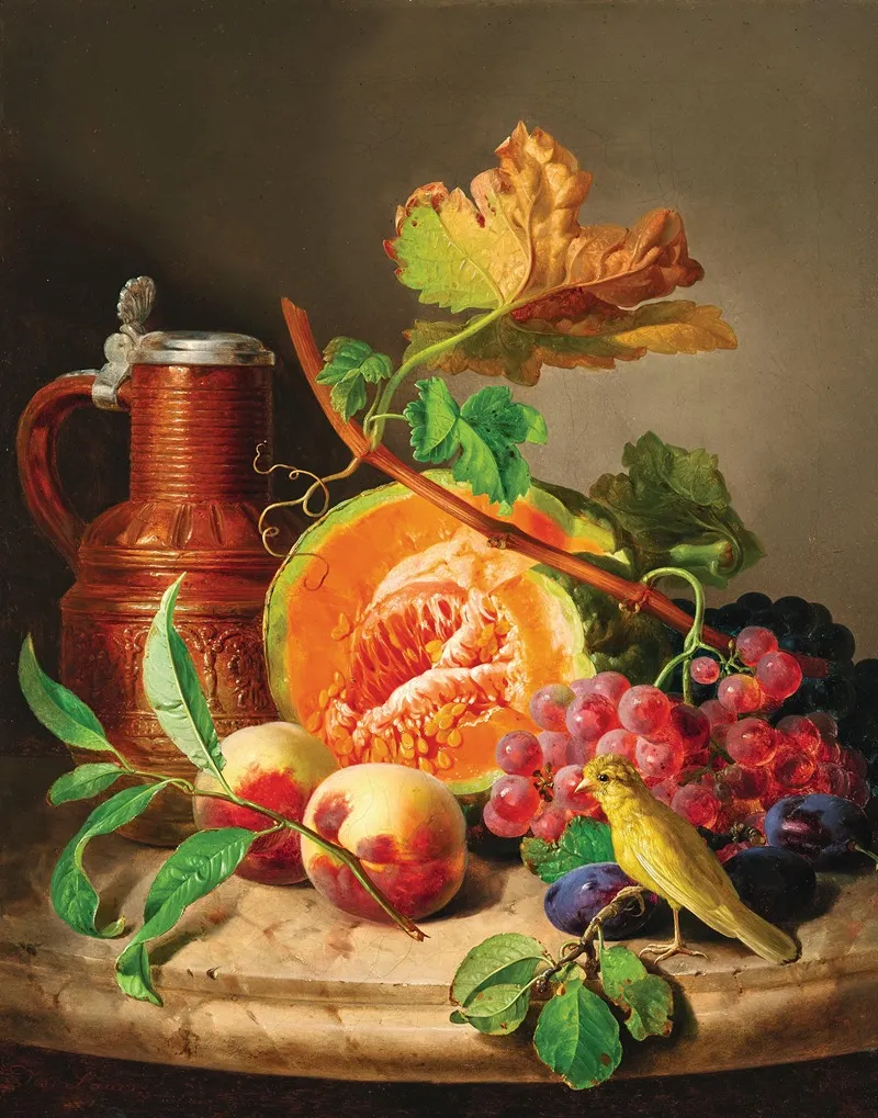 Still Life On A Marble Top With A Pumpkin Grapes A Peach And A Canary Wall Art by Josef Lauer - High-Resolution Digital Print