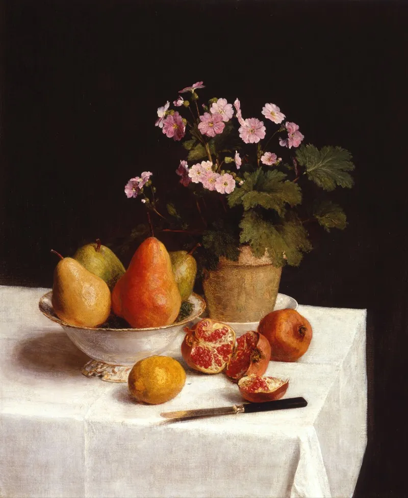 Still Life Primroses Pears And Promenates Wall Art by Henri Fantin-Latour - High-Resolution Digital Print