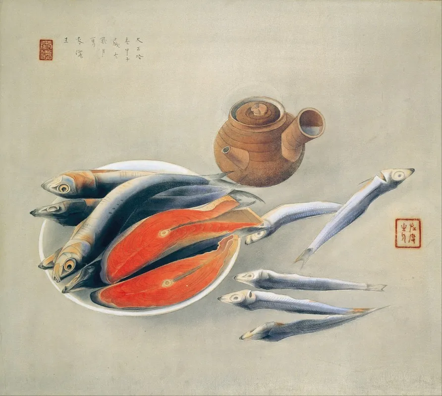 Still Life Salmon Slices And Sardines Wall Art by Tsuchida Bakusen - High-Resolution Digital Print