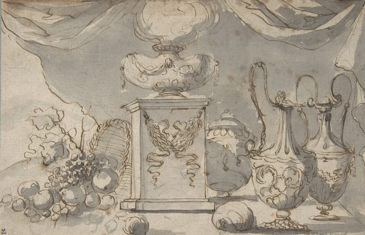 Still Life Vases A Cassolette On A Pedestal And An Overturned Basket Of Fruit