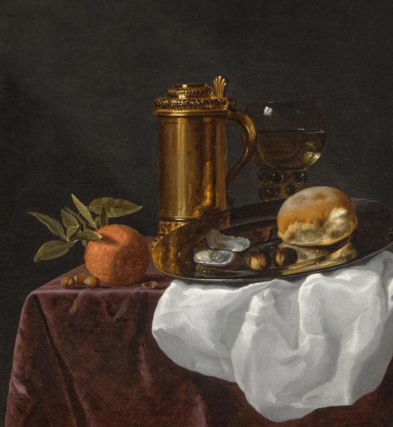 Still Life With A 17th Century German Tankard With Oysters Bread And An Orange Resting On A Draped Ledge Wall Art by Simon Luttichuys - High-Resolution Digital Print