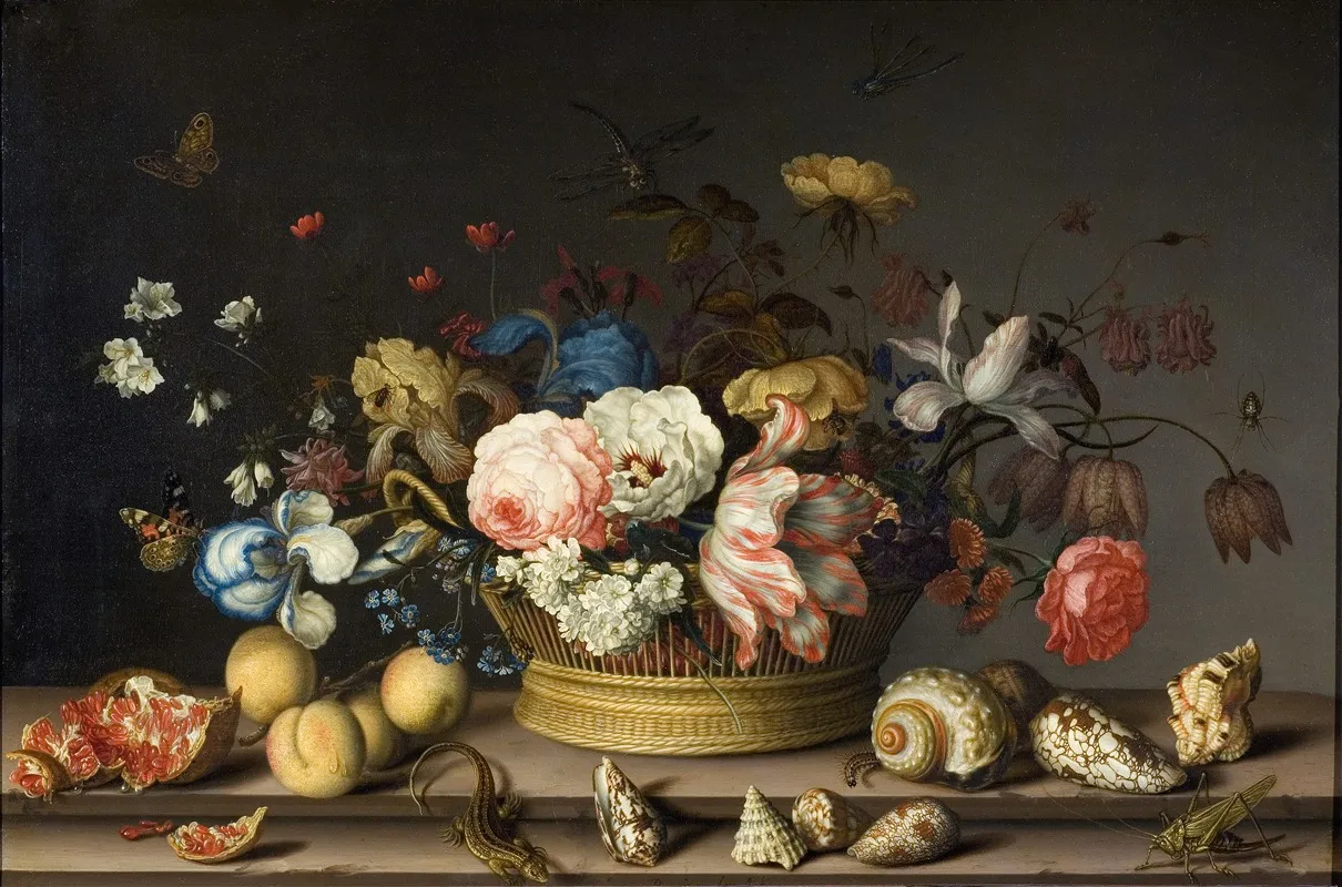 Still Life With A Basket Of Flowers Wall Art by Balthasar van der Ast - High-Resolution Digital Print